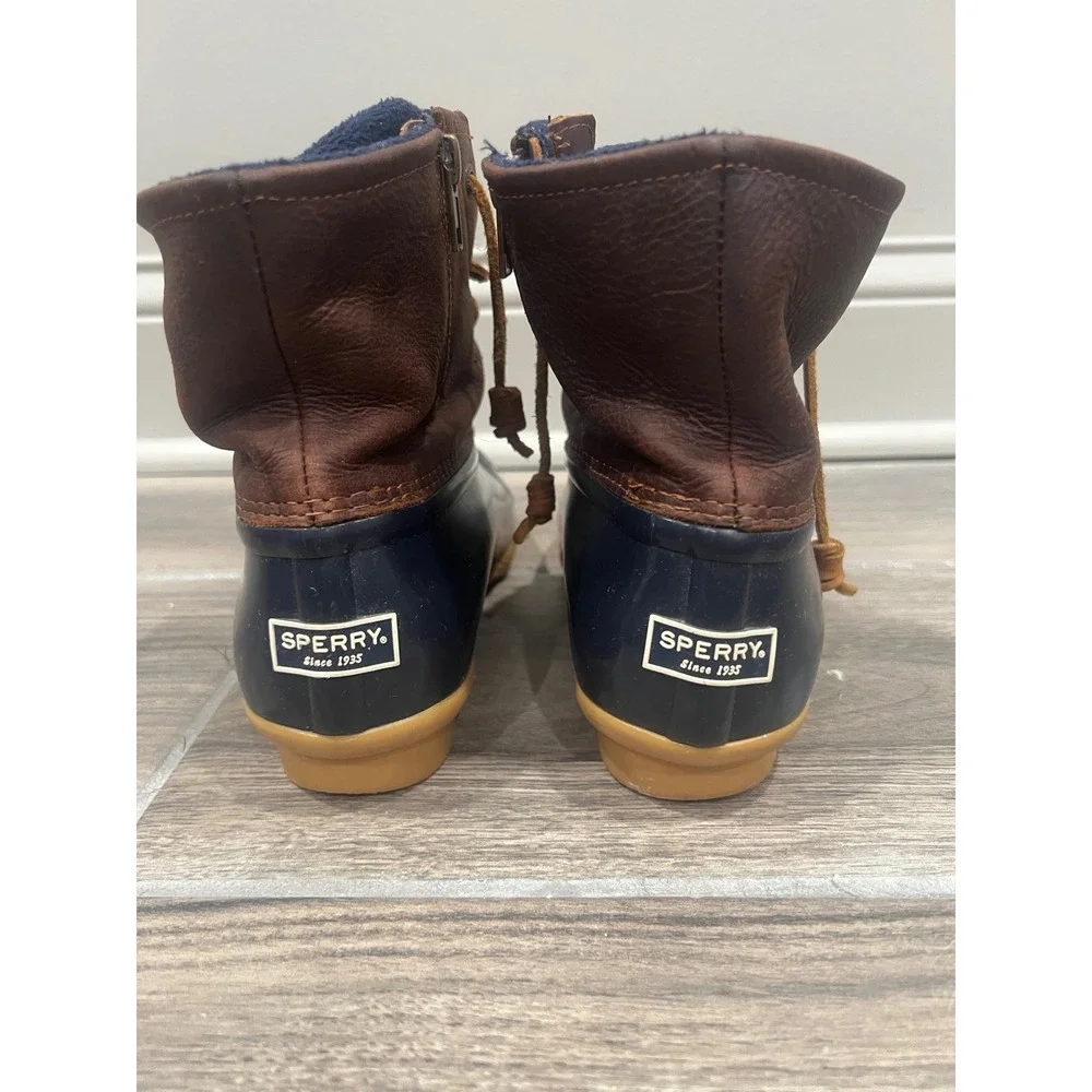 Sperry Saltwater Duck Boots Womens Navy Brown Leather Waterproof Sz 8.5